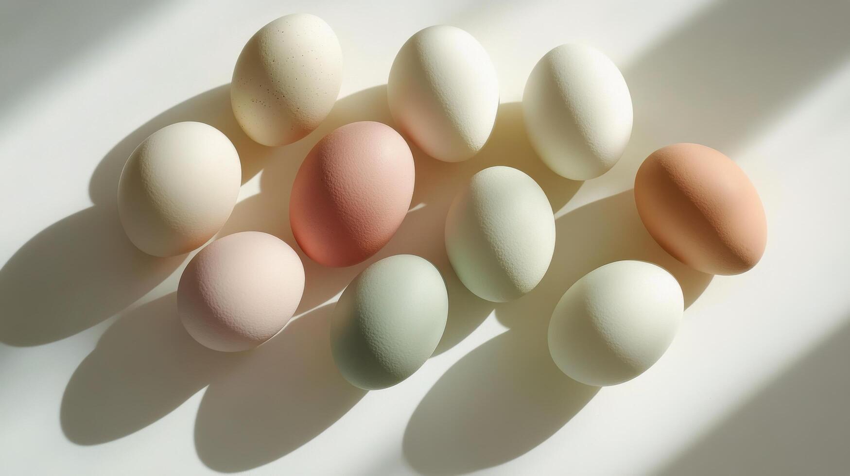 Various colored eggs displayed in a neat row on a clean surface photo
