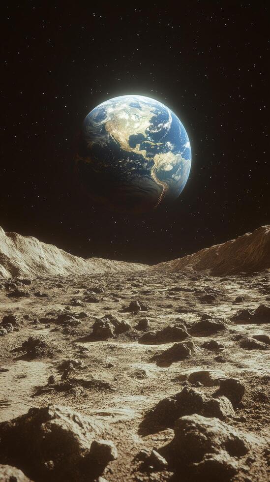 Stunning view of Earth from the lunar surface under a starry sky photo