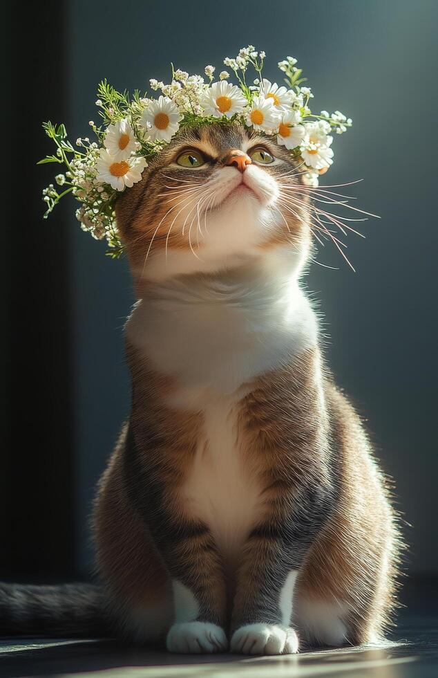 Beautiful fluffy cat with flower crown sits gracefully against dark background photo