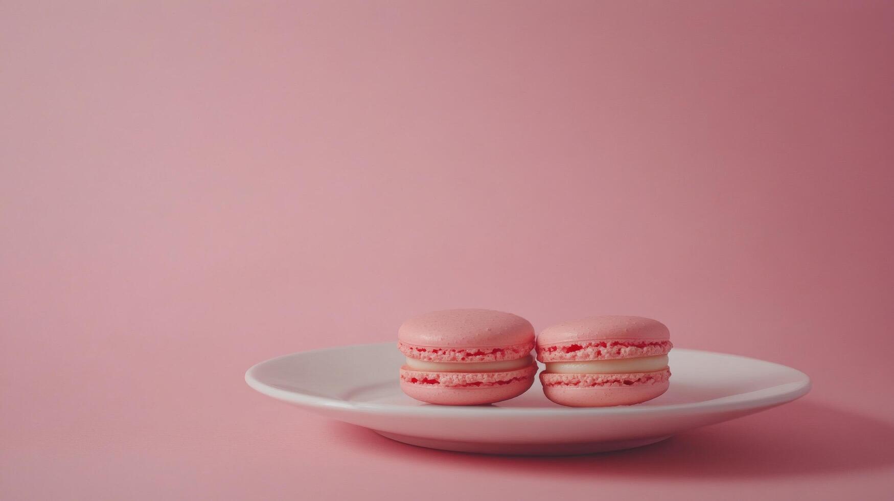 Four delicious pink macarons displayed on a white plate against a soft pink background photo