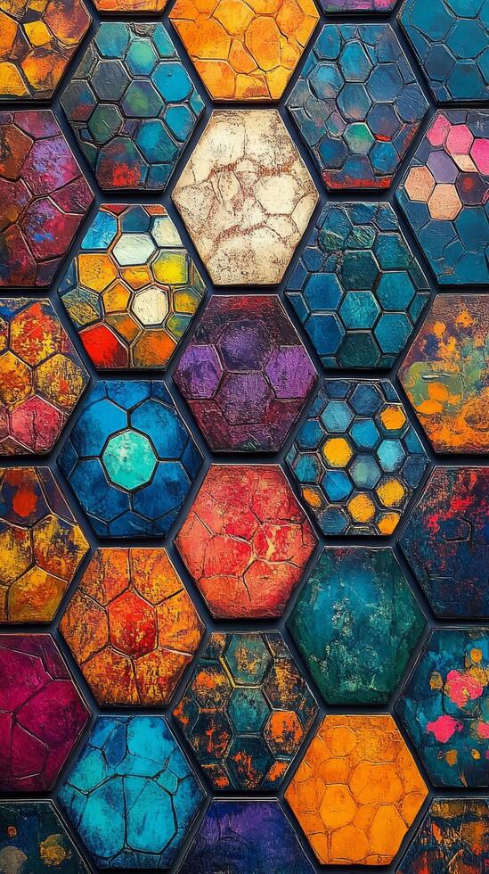 Colorful hexagonal patterns create a vibrant mosaic of art in a gallery photo