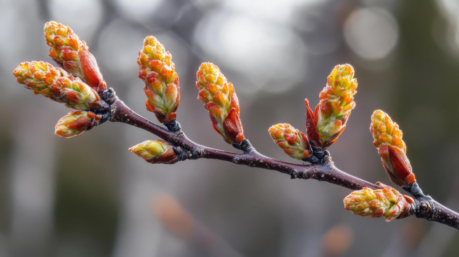 Spring buds emerging on branch in natural setting during early morning light photo