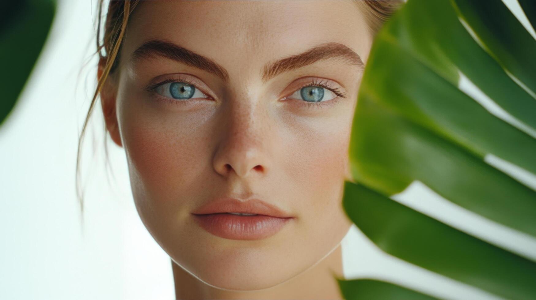 Young woman with blue eyes posing near greenery in bright indoor setting photo