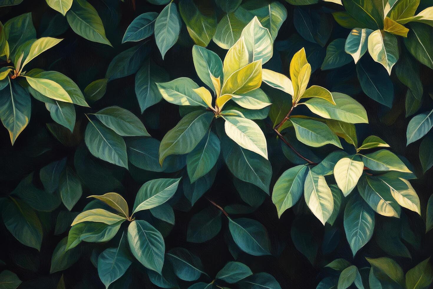 Lush green leaves creating a vibrant and natural background in a dense forest setting photo