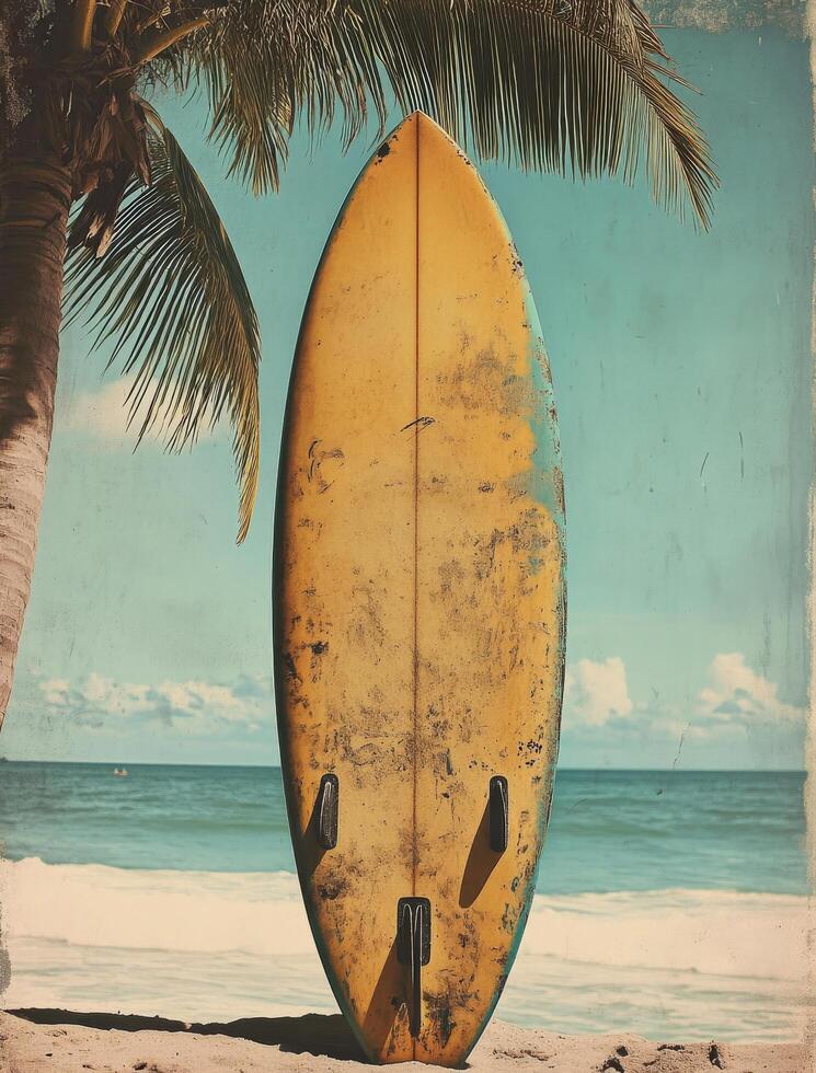 Vintage surfboard leaning against a palm tree near the ocean photo