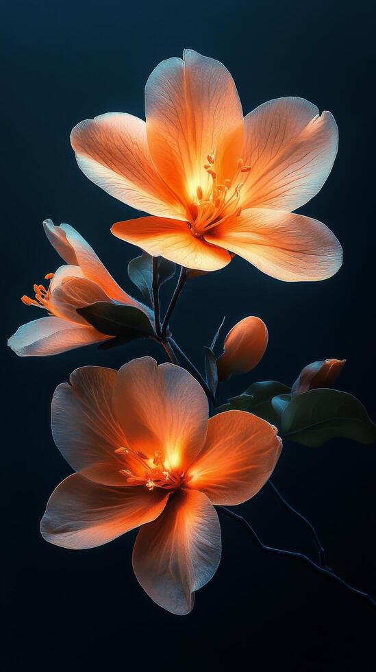 Bright orange flowers illuminate a dark background in a striking floral arrangement photo