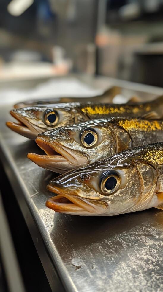 Freshly Caught Brown Trout Displayed on a Rustic Table by the Riverbank in Early Morning Light photo