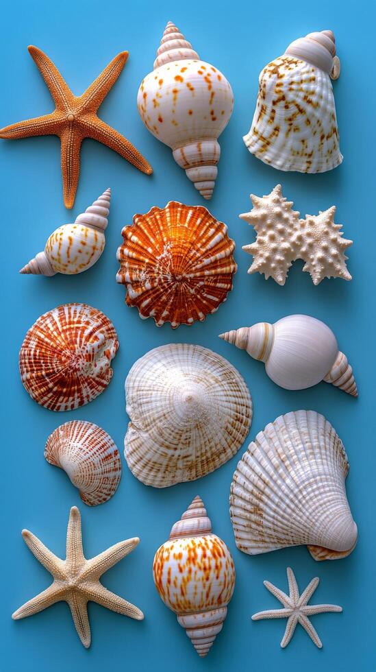 Colorful collection of seashells and starfish arranged on a bright blue surface photo