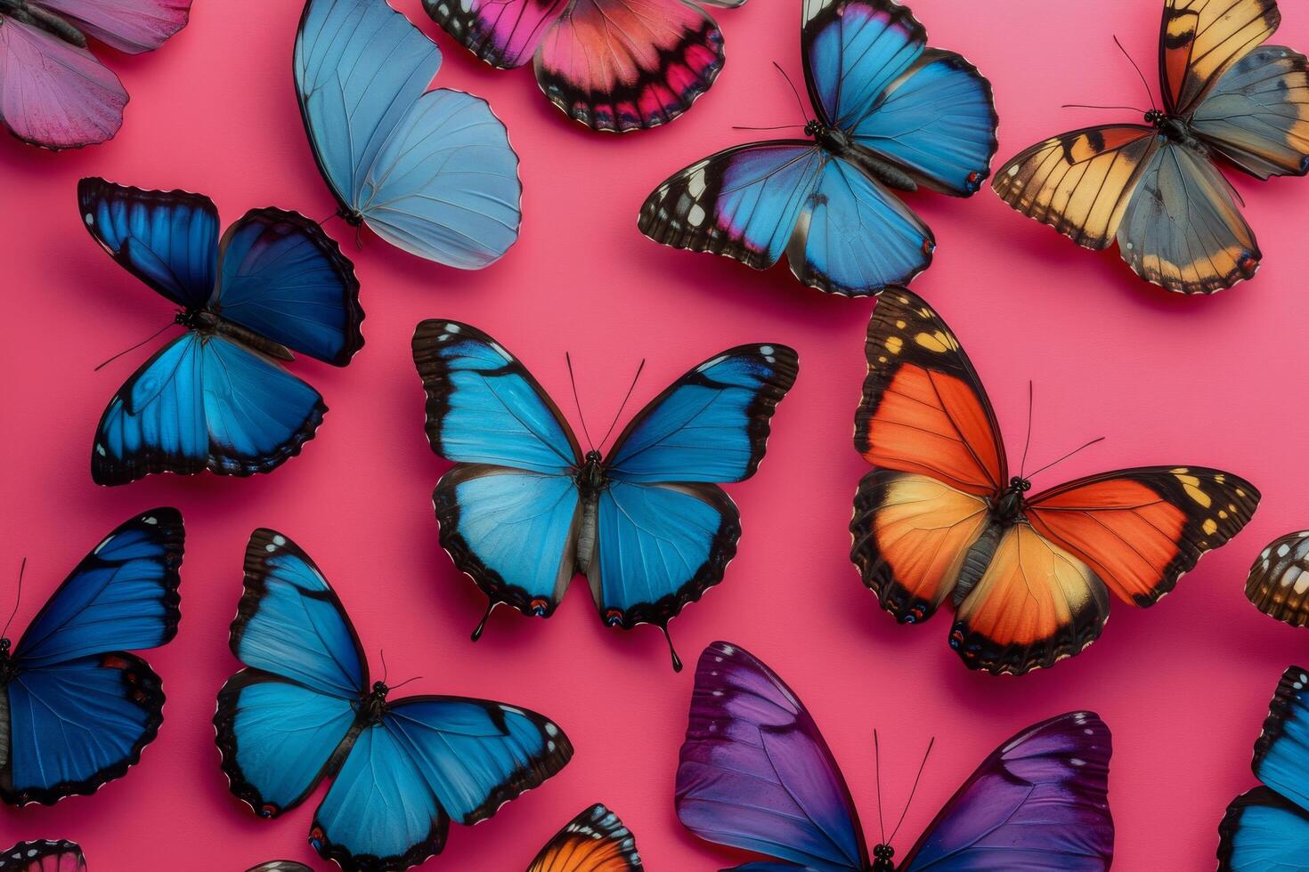 Colorful butterflies arranged beautifully against a vibrant pink background in a striking display of nature photo