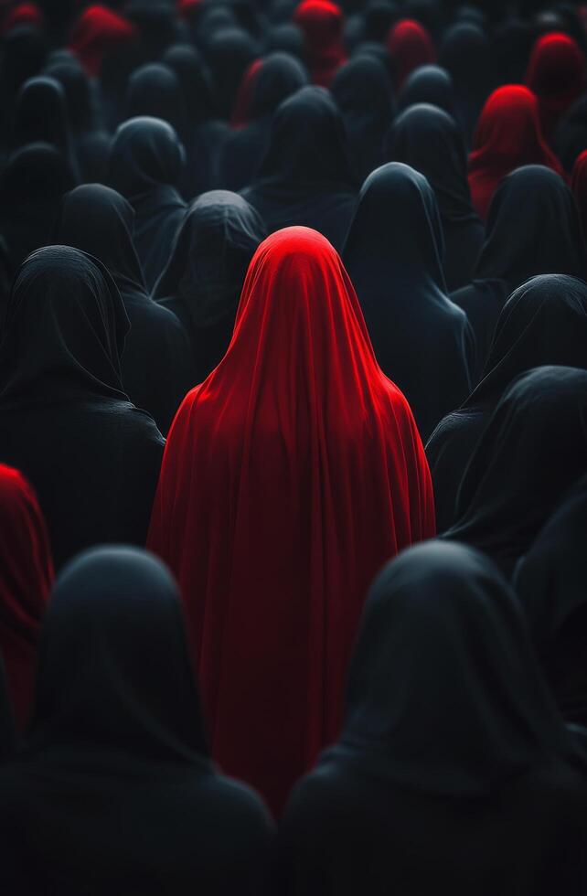 Bright red scarf stands out in a crowd of black-clad individuals during a solemn gathering photo
