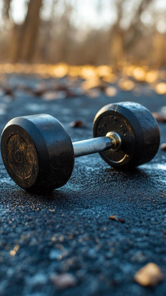 Black dumbbells on wet pavement with fallen leaves during a rainy day workout photo