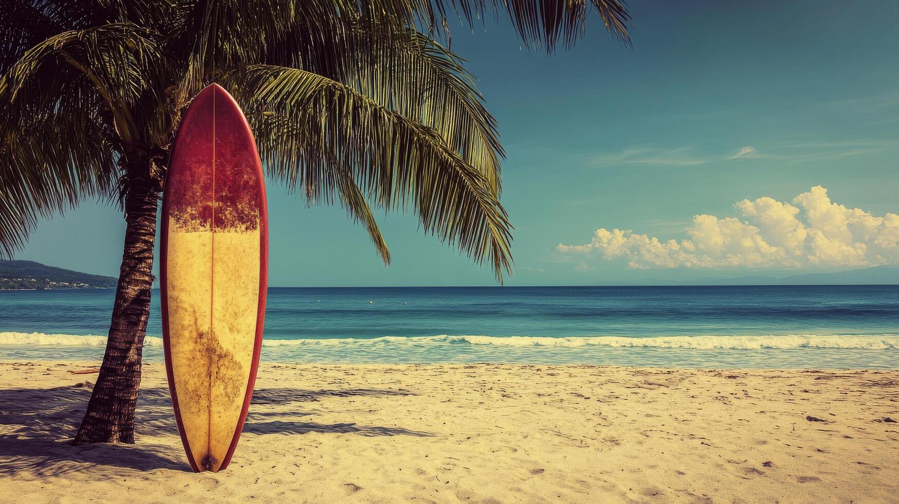 Surfboard resting under palm trees on a quiet beach at sunrise in a tropical paradise photo