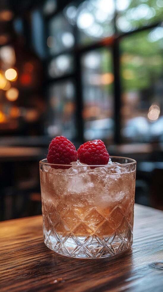 Delightful raspberry cocktail with ice on a vibrant, illuminated background photo