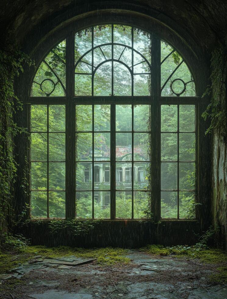 Overgrown mansion seen through a large arched window with natural light and greenery photo