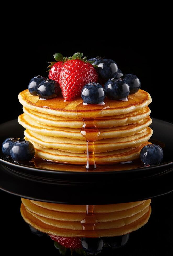 Delicious stack of pancakes topped with berries and syrup in a creative presentation photo