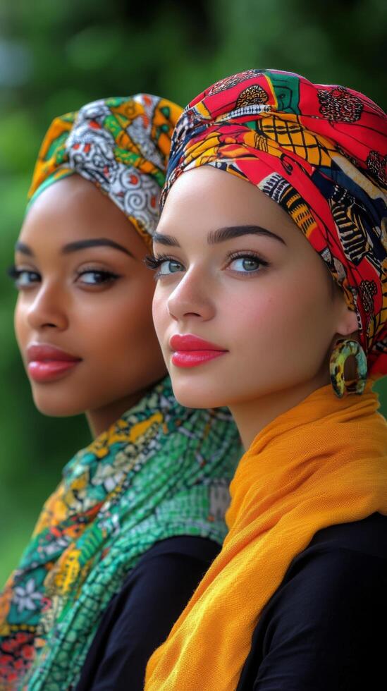 Portrait of two women in vibrant headwraps showcasing diverse beauty and friendship photo