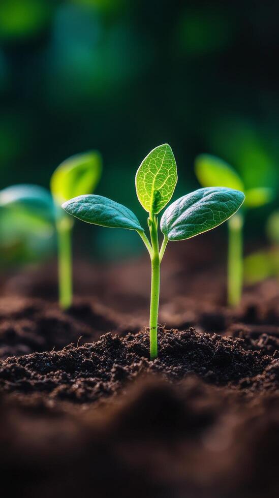 Young green plants sprouting in rich soil under sunlight in a garden photo