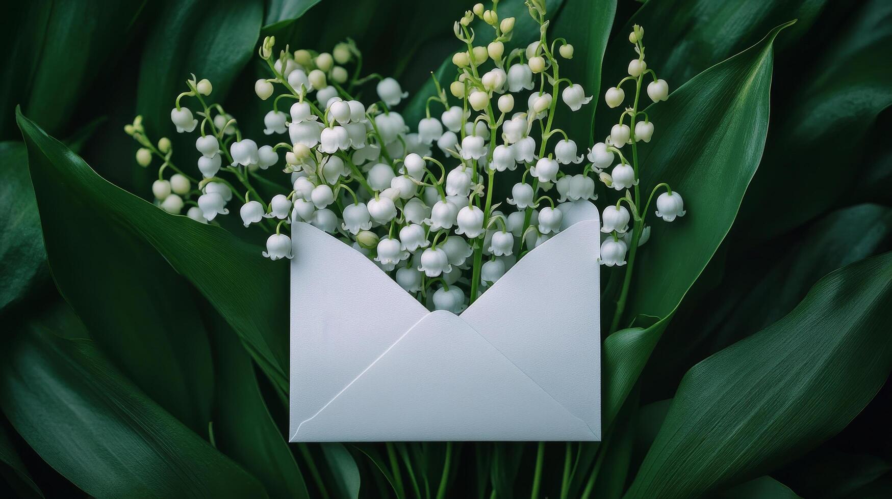 Fresh lilies of the valley bouquet arranged with a white envelope on green leaves photo