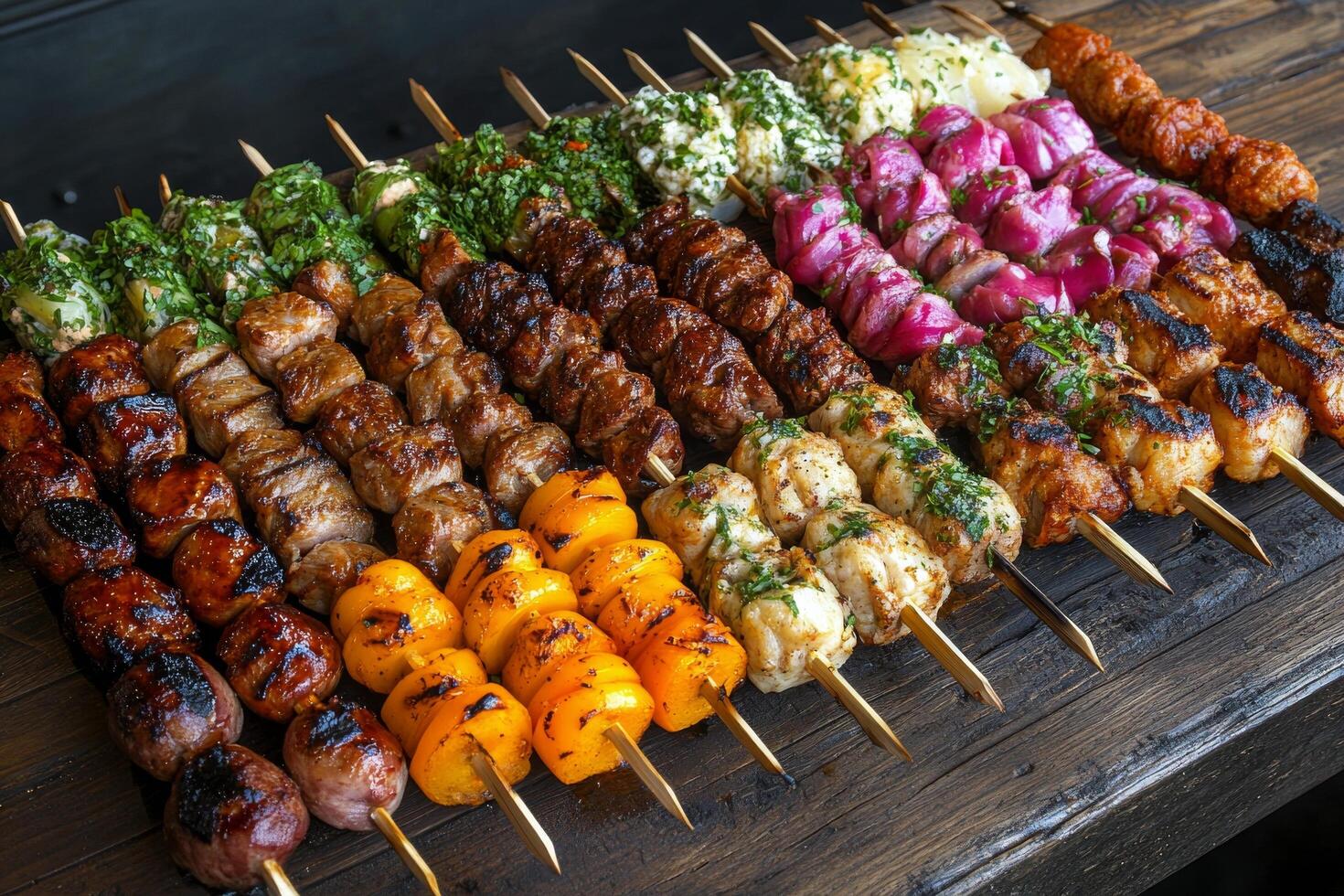 Colorful arrangement of skewered meats and vegetables prepared for grilling in a vibrant display photo