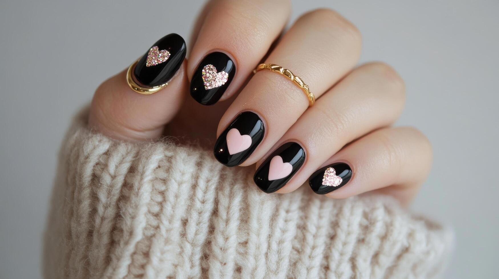 Elegant nail art with heart designs on a womans hand showcasing creativity and style photo