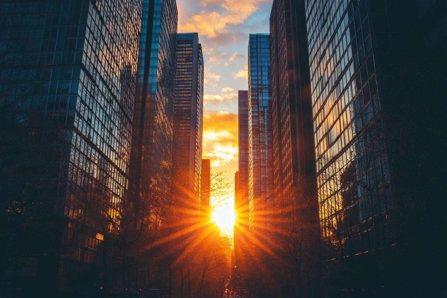 Sunset over city skyline with light rays shining through buildings in evening photo