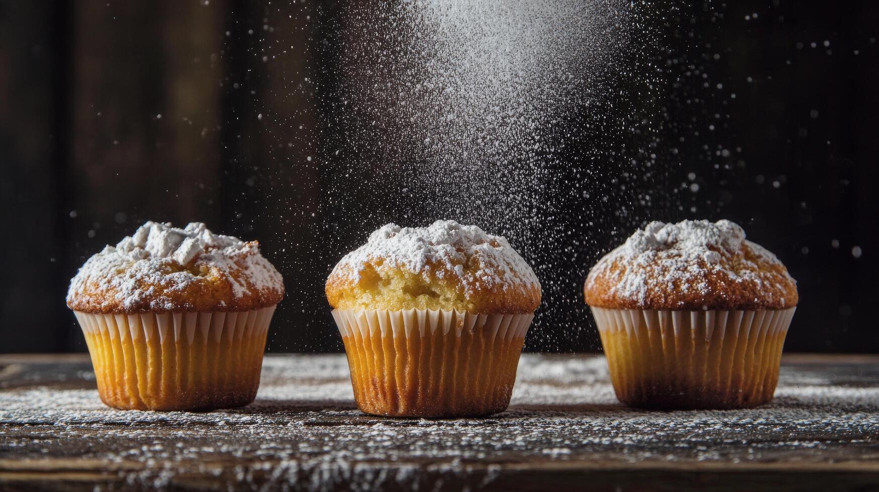 Delicious muffins being dusted with powdered sugar in a dark kitchen setting photo