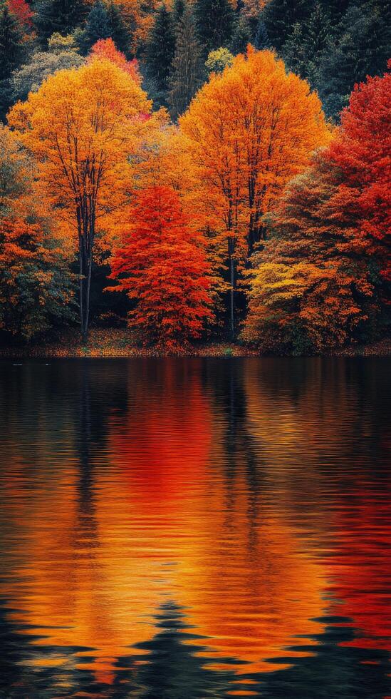 Vibrant autumn colors reflect on calm lake surface in serene forest setting photo
