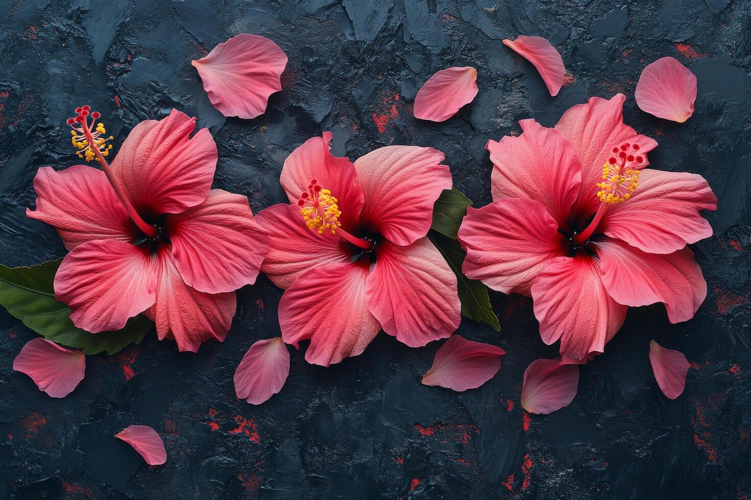 Bright pink hibiscus flowers arranged with scattered petals on a dark background photo