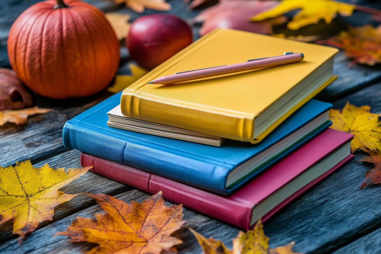 Books stacked among autumn leaves and pumpkins on a wooden table in a cozy setting photo