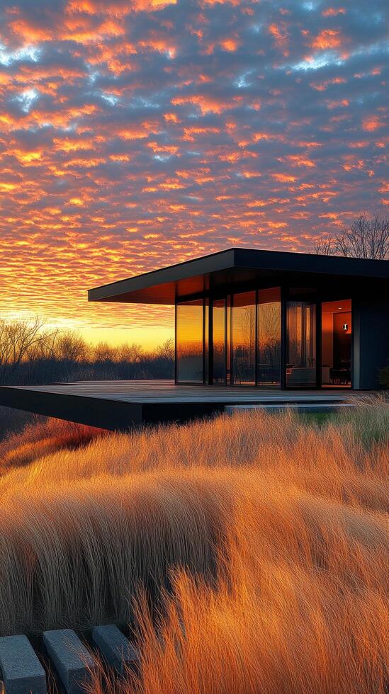 Golden sunlight illuminates grasses at sunset near a modern structure in a serene landscape photo