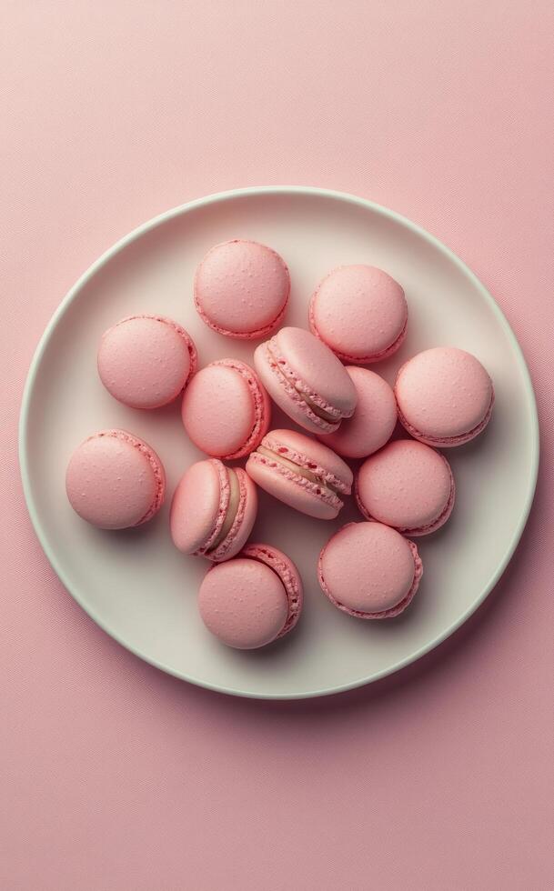 Delightful pink macarons arranged on a pastel plate for a sweet treat experience photo