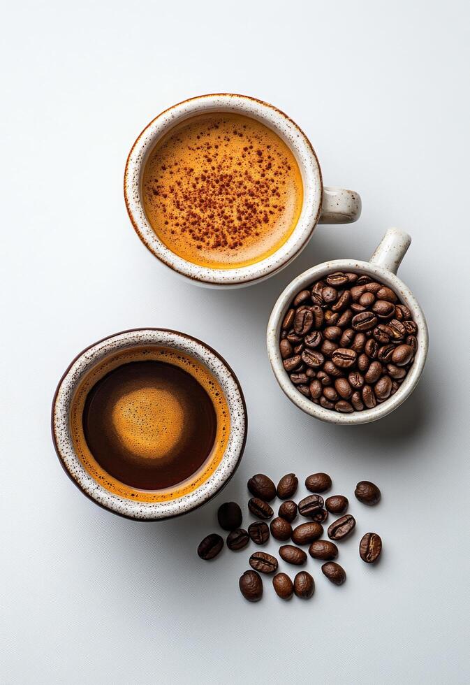 Different stages of coffee preparation with ground coffee and brewed coffee photo