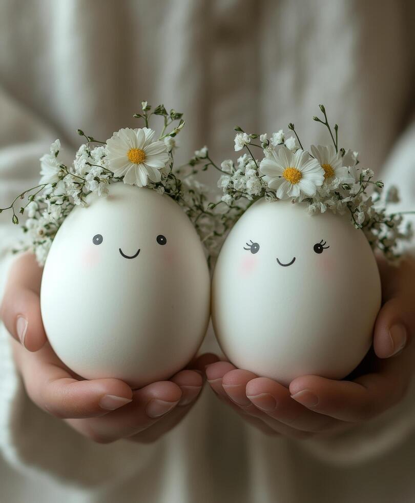 Cute decorated eggs with floral crowns held by a person in soft lighting during spring photo
