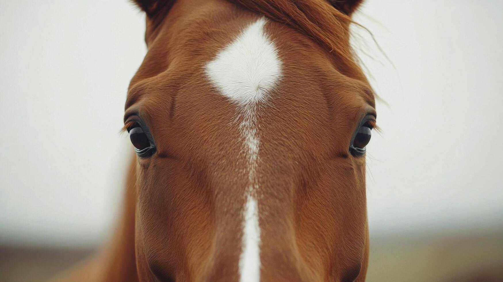 Close-up view of a horses expressive eye and unique facial marking in low light photo
