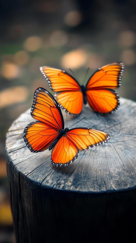 Bright orange butterflies resting on weathered wood in a natural setting photo