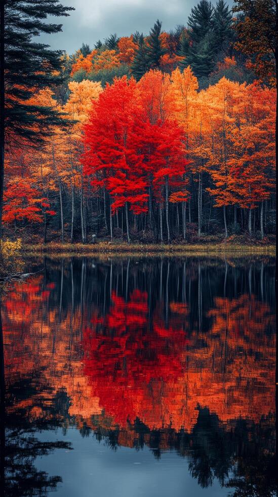 Vibrant autumn colors reflect on calm lake surface in serene forest setting photo