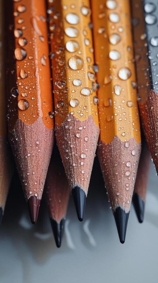 Colorful pencils with water droplets creating an artistic effect on a dark background photo