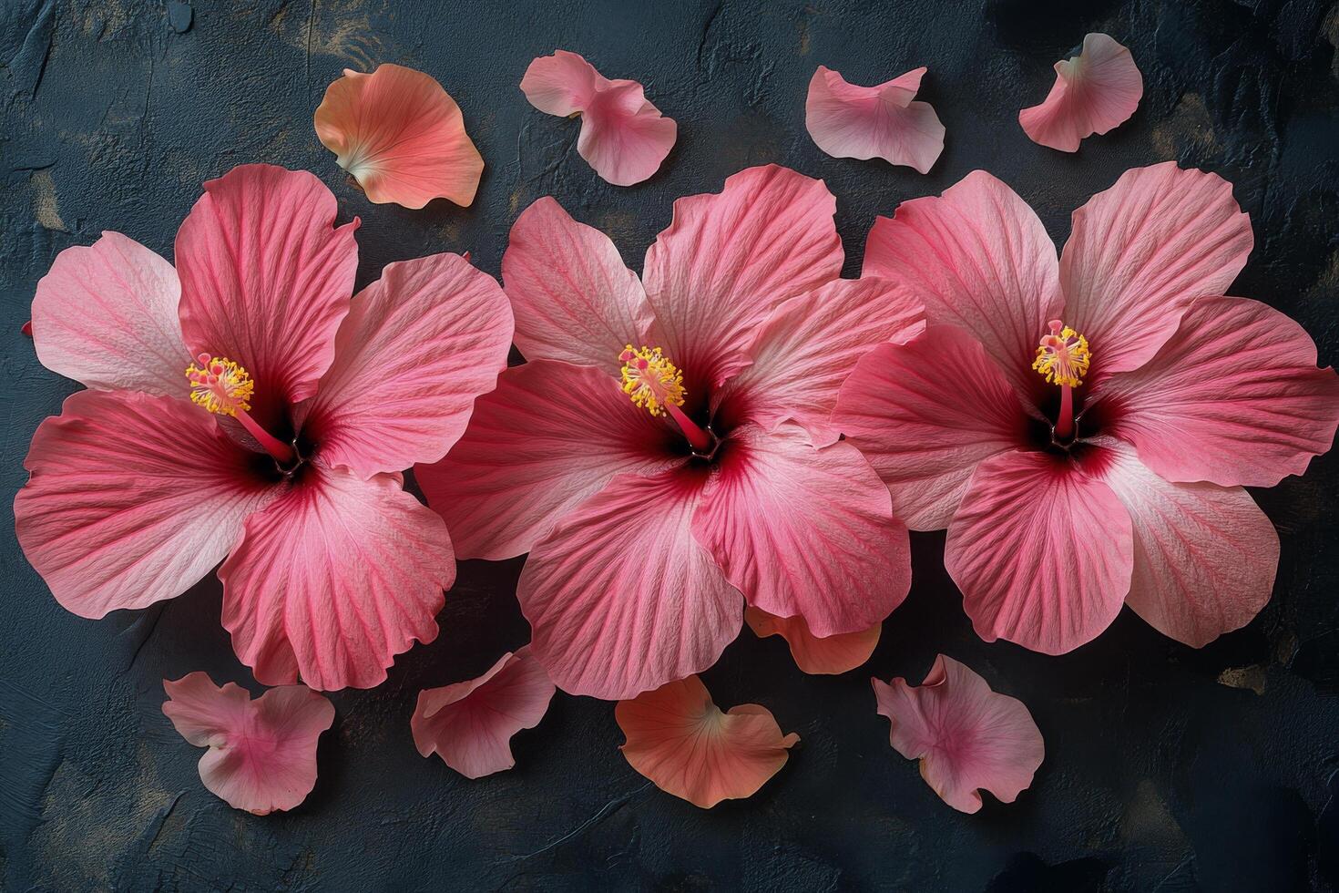 Bright pink hibiscus flowers arranged with scattered petals on a dark background photo