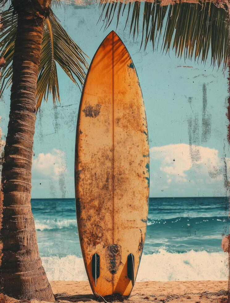 Vintage surfboard leaning against a palm tree near the ocean photo