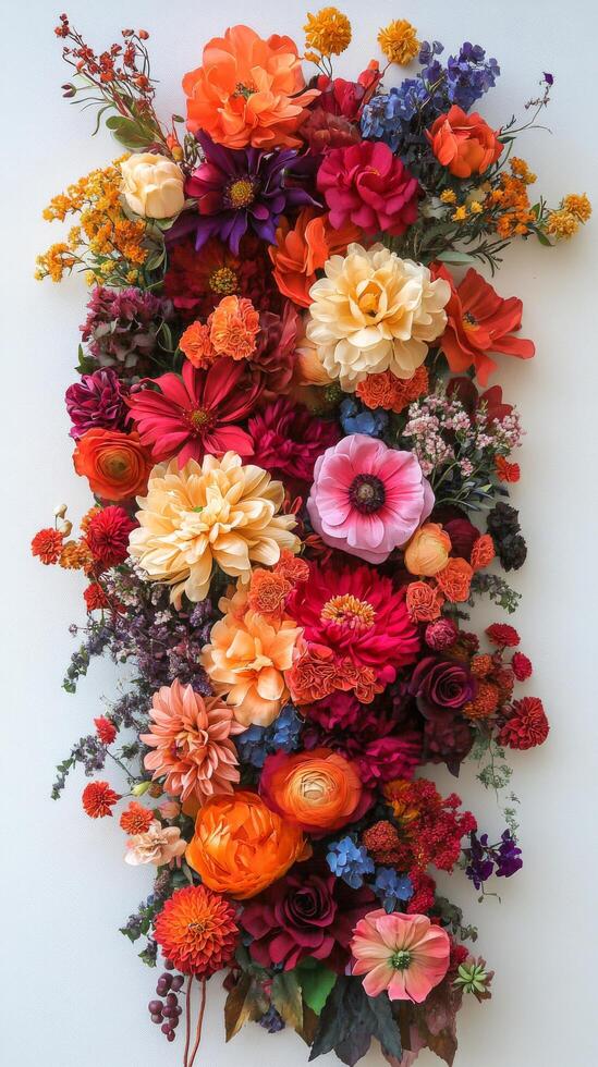 Colorful floral arrangement on a textured wall showcasing various blooms in bright shades photo