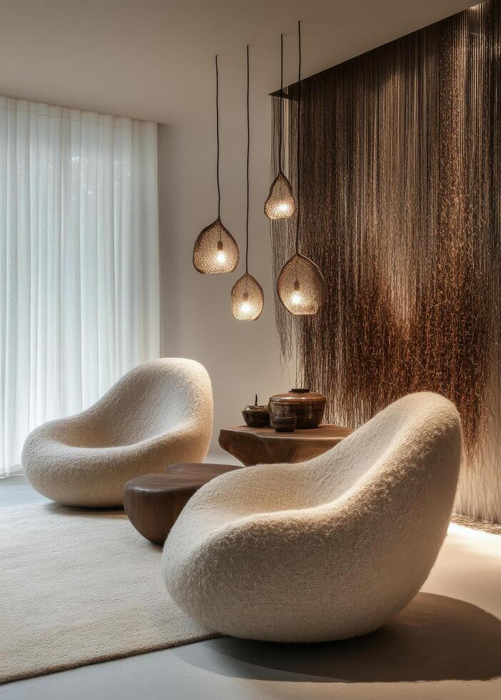 Elegant modern interior featuring stylish lighting and comfortable seating in a serene atmosphere photo
