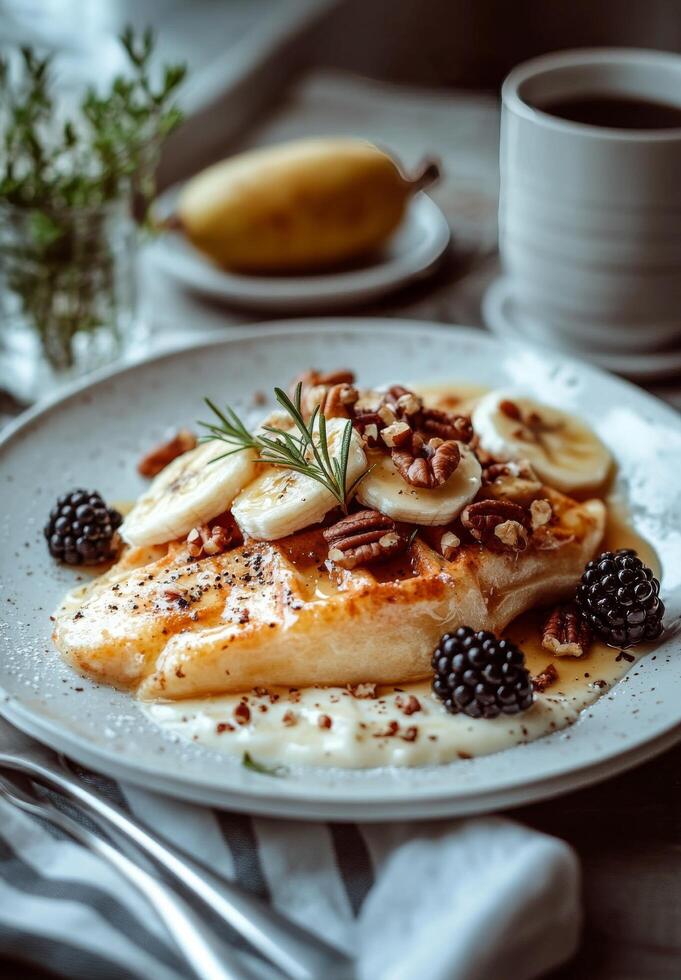 Delicious breakfast plate with fruits and nuts on a wooden table photo