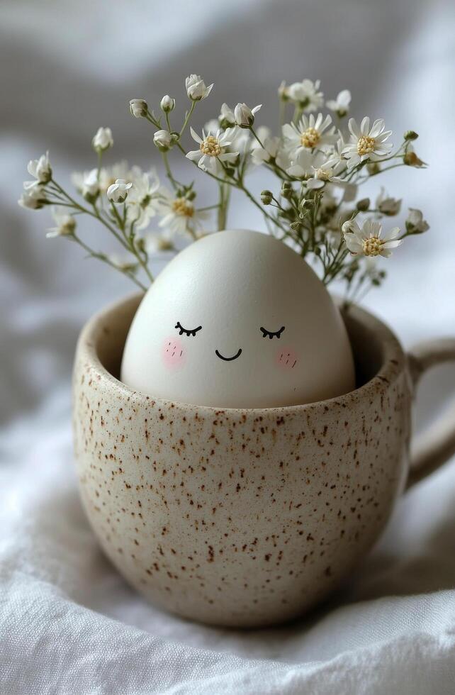 Happy egg with flowers in a bowl on soft fabric for a joyful spring decoration photo