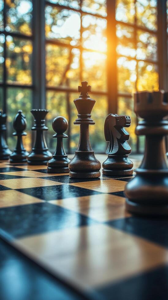 Elegant wooden king piece standing out on a chessboard during an outdoor match photo