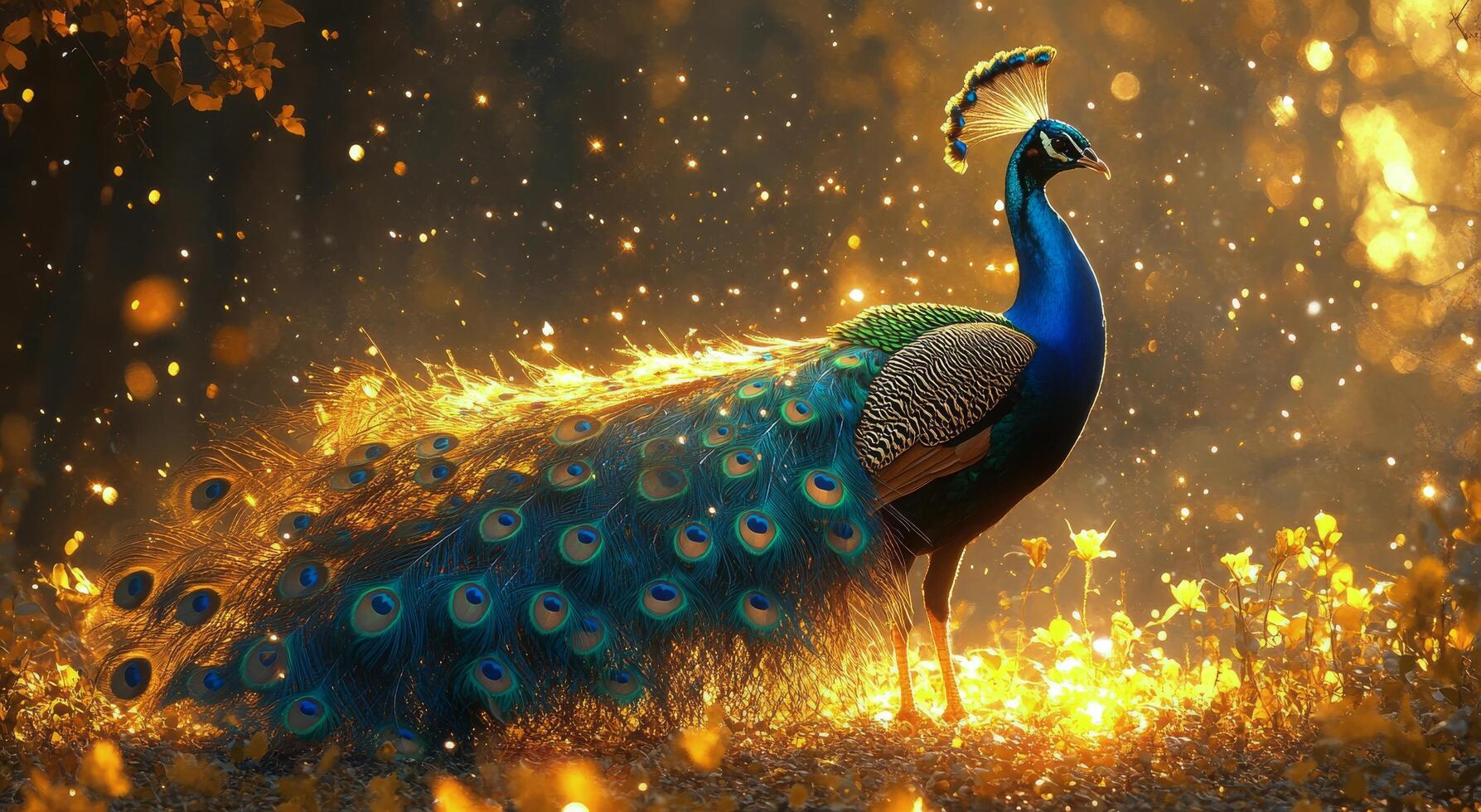 Majestic peacock displaying vibrant feathers in a sunlit forest filled with golden leaves photo
