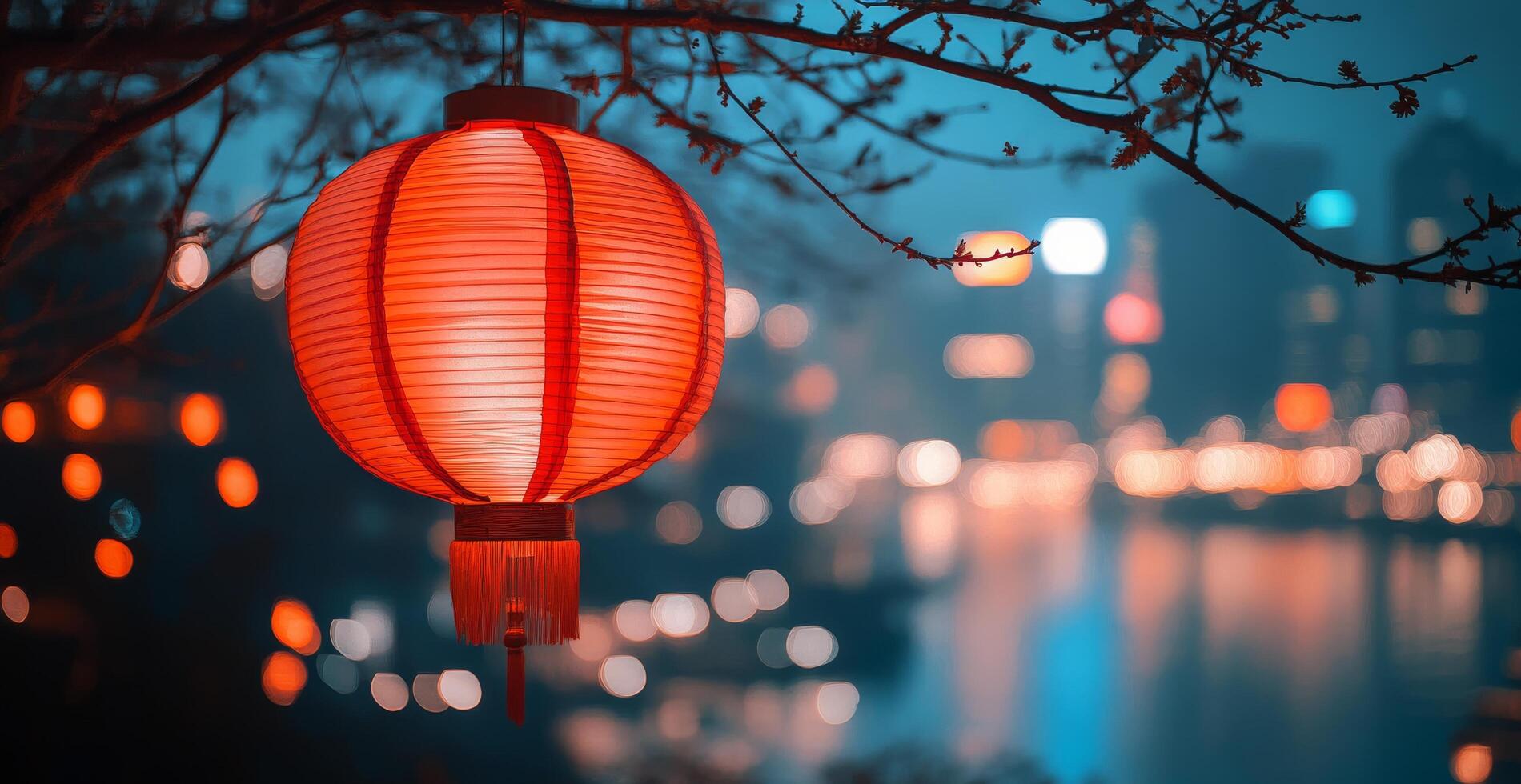 Bright lantern hanging from cherry blossom branches by the riverside during twilight photo