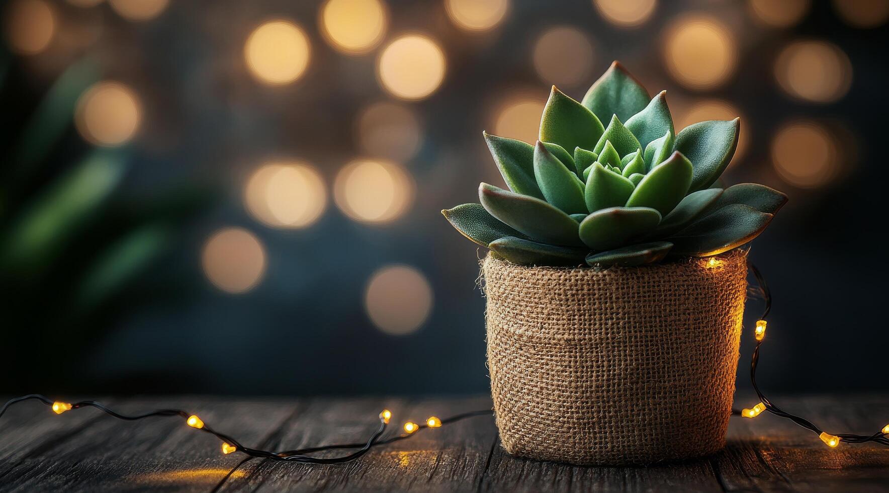 Succulent plant in burlap pot with fairy lights on wooden table with soft bokeh background photo