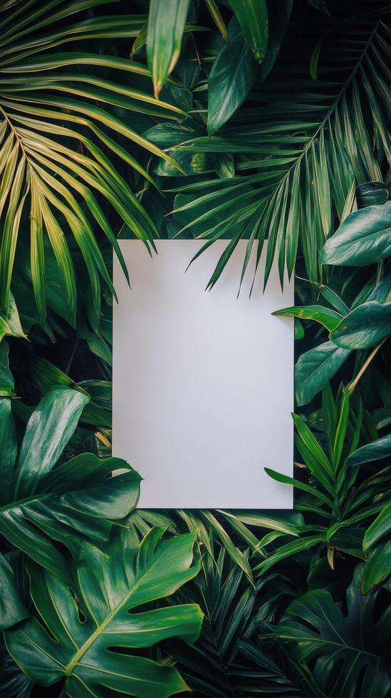 Creative blank canvas surrounded by lush tropical leaves in a serene setting photo