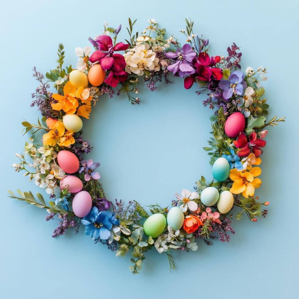 Colorful Easter wreath with flowers and eggs arranged on a light blue background for spring decoration photo