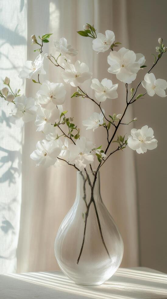 Beautiful white flower bouquet in a glass vase near a sunlit window during a serene evening photo